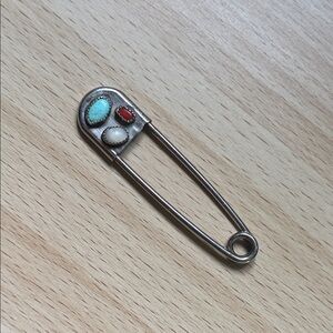 Silver Safety Pin with Turquoise and Carnelian Accents